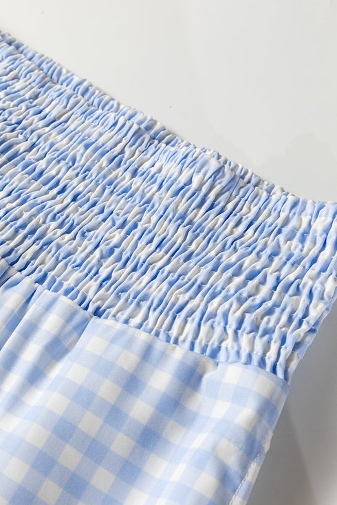 Smocked High Waist Gingham Plaid Pocketed Wide Leg Pants